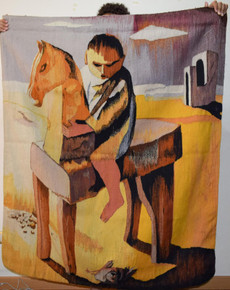 Child on a Wooden Horse — handwoven Egyptian wool tapestry, 4.4 ft