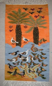 Date Palms and Ducks — handwoven Egyptian wool tapestry, 3.1 ft