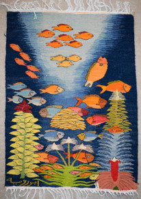 31x23" Handwoven Egyptian Wool Tapestry, Fish Underwater Wall Hanging, Signed Original Folk Art