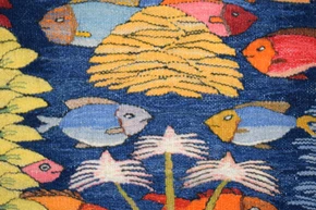 31x23" Handwoven Egyptian Wool Tapestry, Fish Underwater Wall Hanging, Signed Original Folk Art