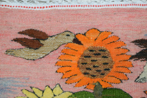 32x22" Handwoven Egyptian Wool Tapestry, Sunflowers Doves Wall Hanging, Signed Original Folk Art
