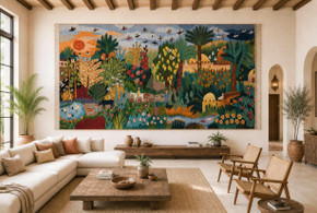 10x5.7 ft Extra Large Handwoven Egyptian Wool Tapestry, Village Life Wall Hanging, Signed Kilim Rug Folk Art