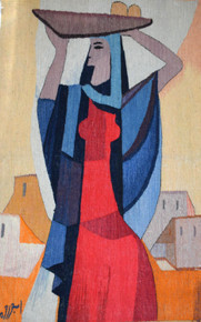 47x32" Handwoven Egyptian Wool Tapestry, Woman Carrying Bread Wall Hanging, Signed Original Folk Art