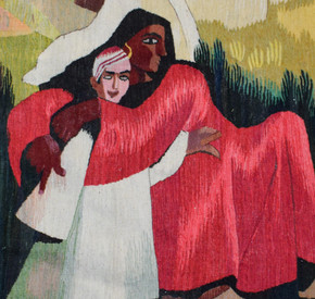 47x39" Handwoven Egyptian Wool Tapestry, Mother and Child Wall Hanging, Signed Original Folk Art
