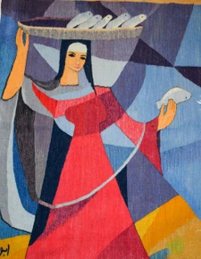 47x39" Fisherwoman Woven Wall Art, Signed Handwoven Egyptian Wool Tapestry, Modern Figurative Piece