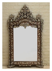 Syrian Mother of Pearl Mirror Frame, Triple-Finial Crest, 60 in