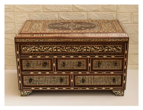 Moroccan Mother of Pearl Chest of Drawers, Medallion Lid, 25 in