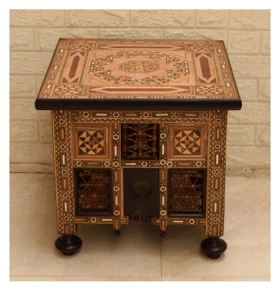 Syrian Wood Marquetry Side Table, 20 in Square