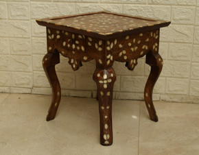 Vintage Syrian Side Table, Shell and Metal-Strand Inlay, 15 in
