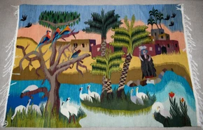 Palm Village and Cranes — handwoven Egyptian wool tapestry, 5.7 ft