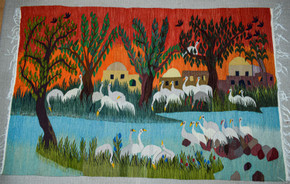 6.4 FT Red Sky Village and Cranes Handwoven Tapestry, Large Egyptian Wool Wall Hanging, Folk Art