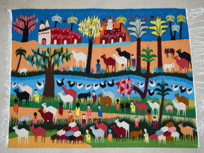 Old Village and Camels — handwoven Egyptian wool tapestry, 4.8 ft