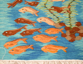 30" Fish and Lotus Handwoven Tapestry, Turquoise Egyptian Wool Wall Hanging, Natural Dye Folk Art — detail 1