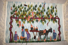 33" Grape Harvest Handwoven Tapestry, Figurative Egyptian Wool Wall Hanging, Natural Dye Folk Art