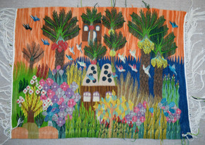 Dovecote and Flower Garden — handwoven Egyptian wool tapestry, 3.4 ft