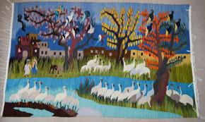 6.5 FT Village and White Cranes Handwoven Tapestry, Large Egyptian Wool Wall Hanging, Signed Folk Art