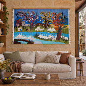 6.5 FT Village and White Cranes Handwoven Tapestry, Large Egyptian Wool Wall Hanging, Signed Folk Art — detail 1