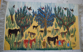 4.8 FT Grazing Horses and Trees Handwoven Tapestry, Egyptian Wool Wall Hanging, Natural Dye Art