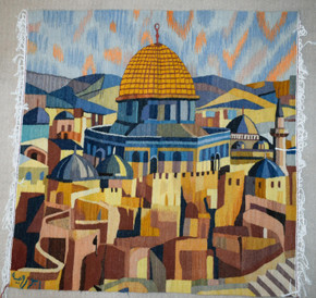 4 FT Jerusalem Dome of the Rock Handwoven Tapestry, Egyptian Wool Wall Hanging, Signed Folk Art