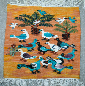 17" Doves and Date Palms Handwoven Tapestry, Small Egyptian Wool Wall Hanging, Natural Dye