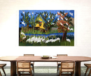 6.4 FT White Ibis by the River Handwoven Tapestry, Large Egyptian Wool Wall Hanging, Signed Folk Art — detail 1