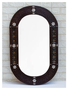 Syrian Wood Mirror Frame Hand Carved Mother of Pearl Mashrabiya Moroccan Wall Decor