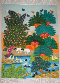 Egyptian Handwoven Wool Tapestry Sheep Palms Ducks Village Scene Wall Hanging 55 x 42 in