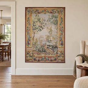 Large Aubusson Style Verdure Tapestry Handwoven Wool Wall Hanging French Landscape 64 x 46 in — detail 1