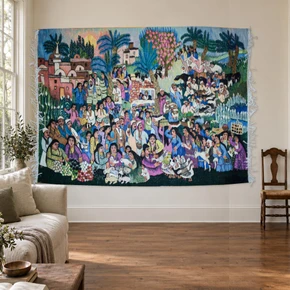 Large Egyptian Handwoven Wool Tapestry Village Market Day 130+ Figures Folk Art Wall Hanging 90 x 66 in — detail 1