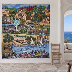 Nile Village Life with Feluccas — Handwoven Egyptian Wool Tapestry, 7.5 ft — detail 1