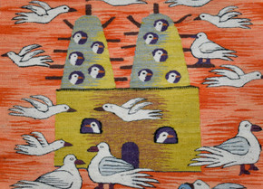 Twin Dovecotes and Doves — Handwoven Egyptian Wool Tapestry, 3.9 ft — detail 1