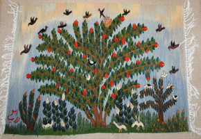 Fruit Tree with a Nest of Chicks — Handwoven Egyptian Wool Tapestry, 4.6 ft
