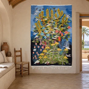 Tall Garden with Flying Birds — Handwoven Egyptian Wool Tapestry, 6.2 ft — detail 1