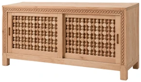 Mashrabiya record console in raw beech with turned-spindle sliding lattice doors