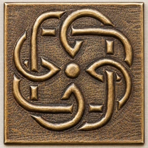 Rotating Loop Knot Celtic knot tiles, solid brass hand-embossed in aged bronze: front view of one 10 cm (4 in) tile