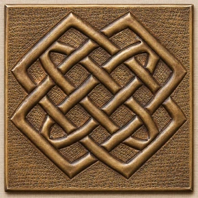 Diamond Weave Knot Celtic knot tiles, solid brass hand-embossed in aged bronze: front view of one 10 cm (4 in) tile
