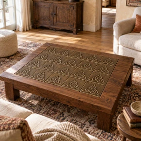 Interlaced Trinity Knot Celtic knot tiles in hand-embossed brass, inlaid in the top of a wooden coffee table in a living room