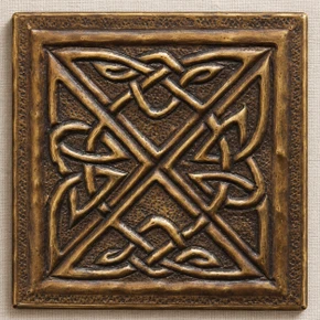 Saltire Knot Celtic knot tiles, solid brass hand-embossed in aged bronze: front view of one 10 cm (4 in) tile