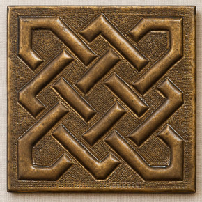 Open Square Weave Knot Celtic knot tiles, solid brass hand-embossed in aged bronze: front view of one 10 cm (4 in) tile