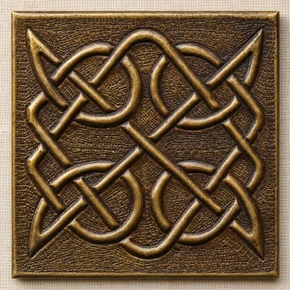 Arc Weave Knot Celtic knot tiles, solid brass hand-embossed in aged bronze: front view of one 10 cm (4 in) tile