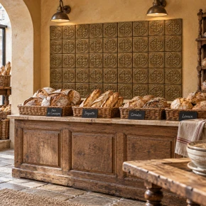 Quartered Circle Knot Celtic knot tiles in hand-embossed brass, as a large wall panel behind a bread counter in a bakery