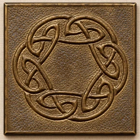 Hexagon Ring Knot Celtic knot tiles, solid brass hand-embossed in aged bronze: front view of one 10 cm (4 in) tile