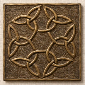 Six Ring Flower Knot Celtic knot tiles, solid brass hand-embossed in aged bronze: front view of one 10 cm (4 in) tile