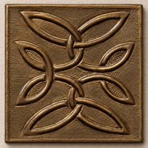 Butterfly Knot Celtic knot tiles, solid brass hand-embossed in aged bronze: front view of one 10 cm (4 in) tile
