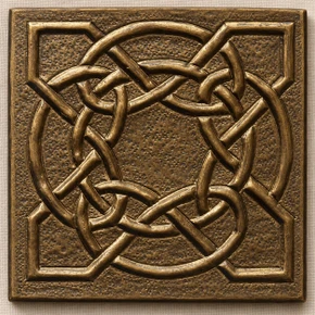 Fine Ring Knot Celtic knot tiles, solid brass hand-embossed in aged bronze: front view of one 10 cm (4 in) tile