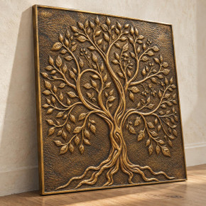 Twisted Trunk Tree of Life, hand-embossed solid brass in aged bronze: three-quarter view showing the 10 mm edge and rim