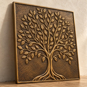 Round Crown Tree of Life, hand-embossed solid brass in aged bronze: three-quarter view showing the 10 mm edge and rim