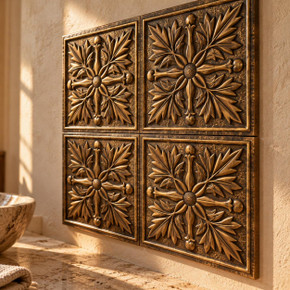 Maple and Bud, hand-embossed solid brass in aged bronze: close-up of the 6 mm tile edges and raised rims