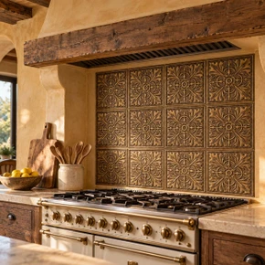 Swirling Acanthus, hand-embossed solid brass in aged bronze: kitchen backsplash