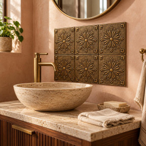 Starburst, hand-embossed solid brass in aged bronze: bathroom vanity backsplash